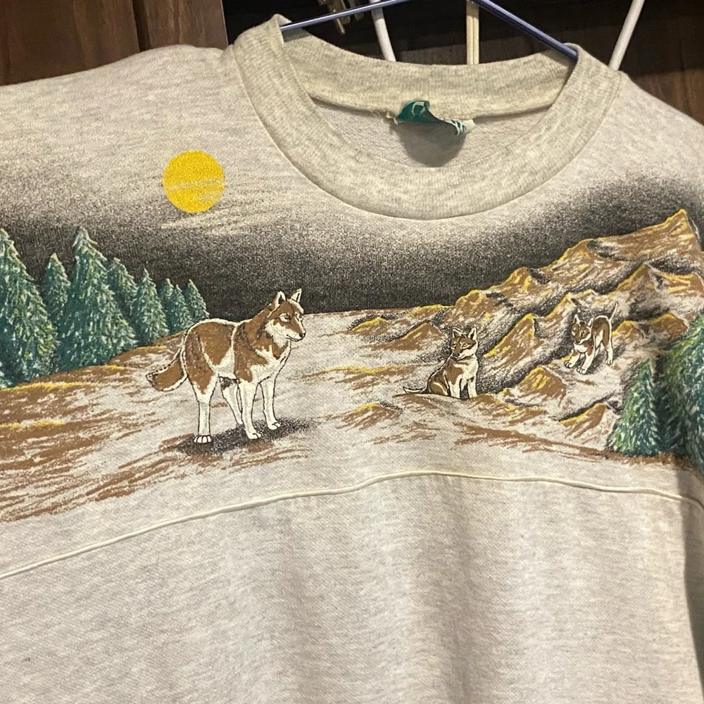VINTAGE gray sweatshirt nightgown wolves 80s OSFA pajamas dress one size - Picture 3 of 5
